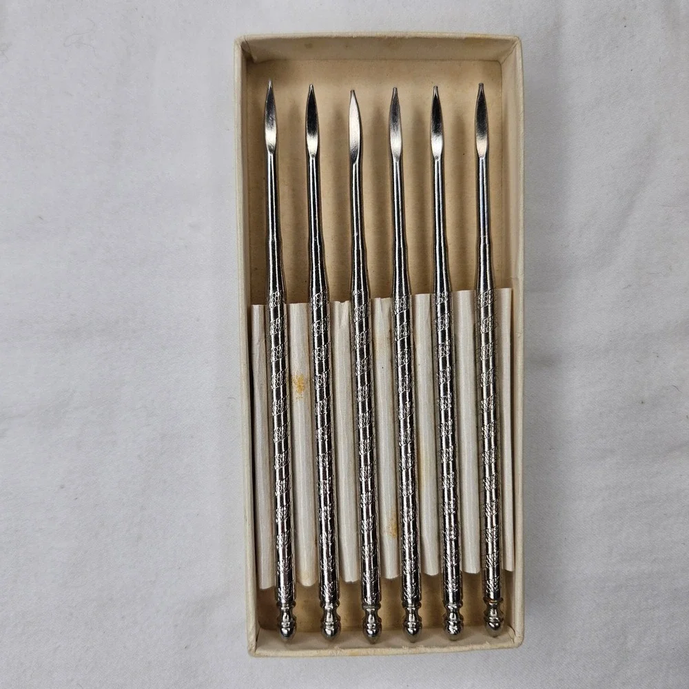 Vtg 1950s Silver Tone Nut Pick Set of 6 w Original Floral Box Spiral Handle
